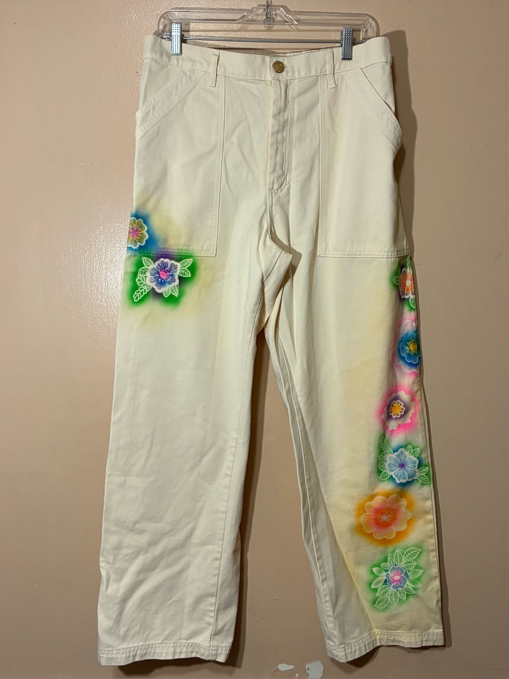 Big Bud Press Cream Work Pants w/ Floral Air Brushed Details Size Large